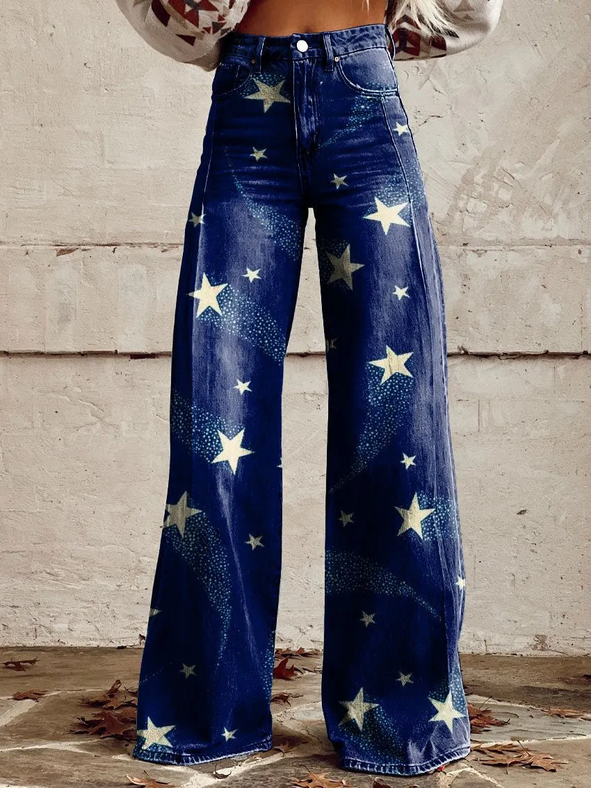Pantalon femme rétro à imprimé étoiles et jambes larges – style 2, XL
