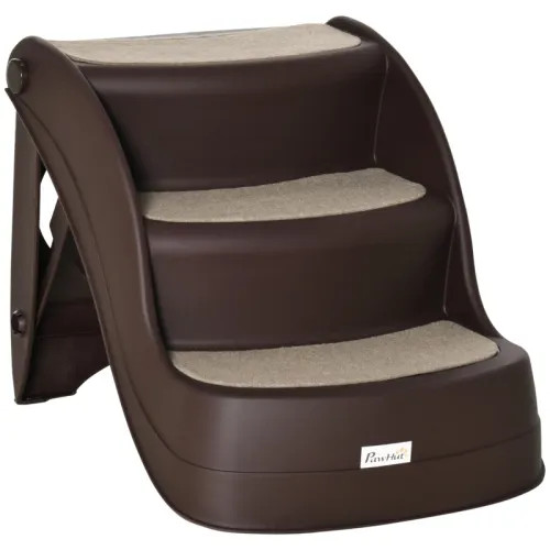 PawHut Foldable Pet Stairs Portable Dog Steps 3-Step Design With Non-slip Mats For High Beds, Sofas, 49 X 38 X 38 Cm, Brown - Brown