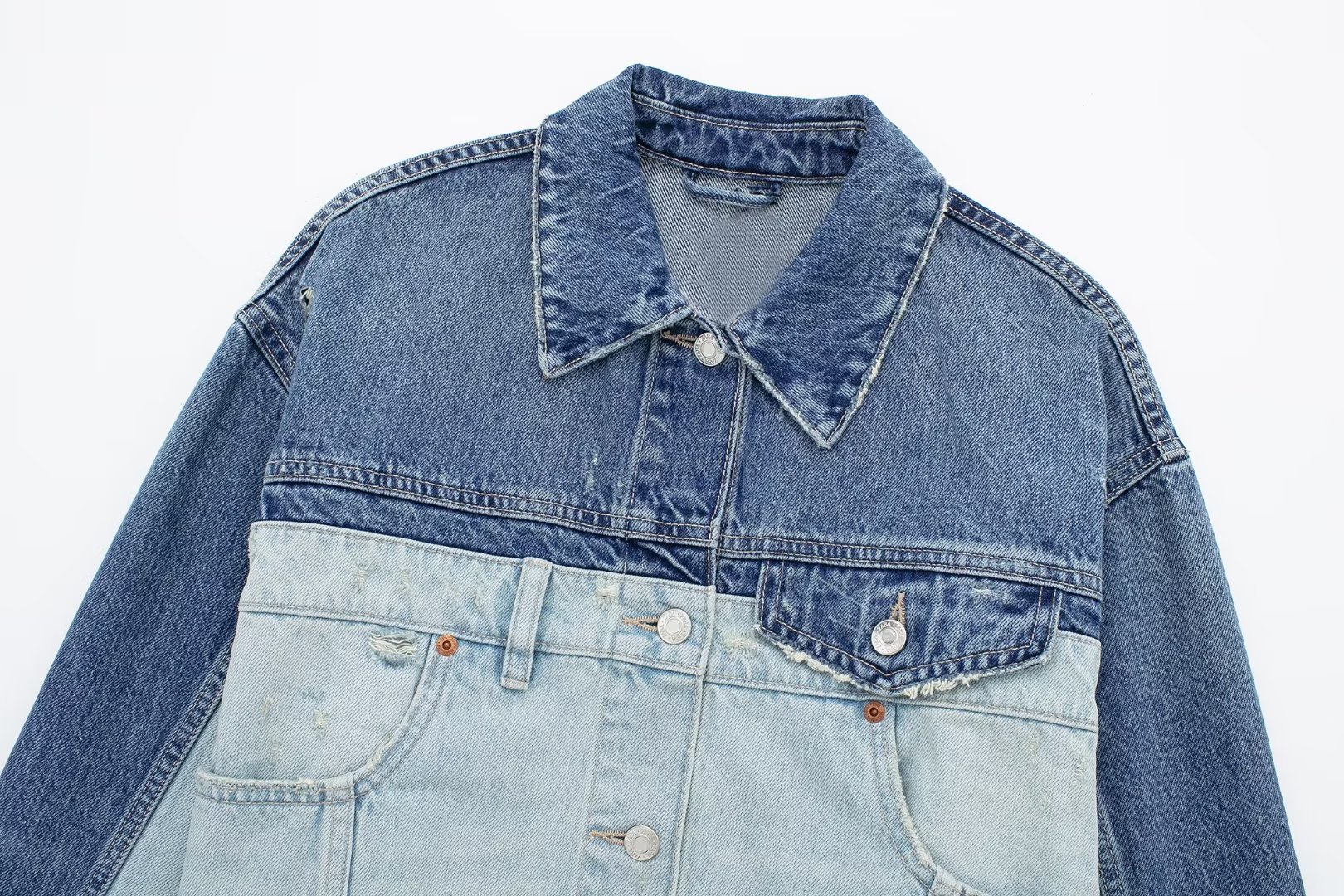 Title 6, Polo collar long sleeved patchwork denim jacket...