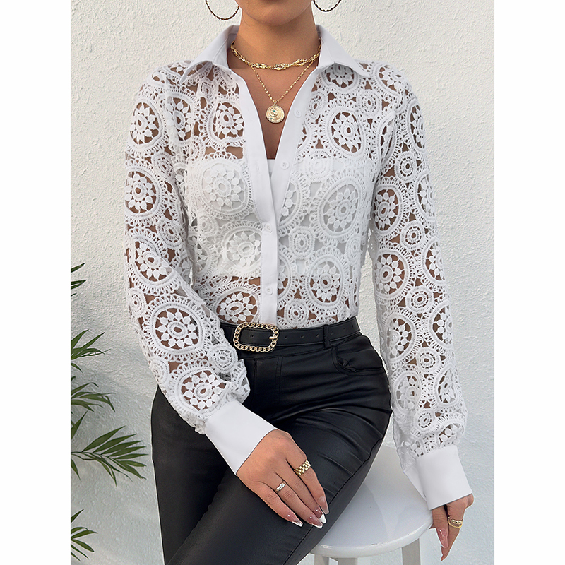 Women's Lace Floral Boho Blouse Long Sleeve Button Down Shirt For Spring & Fall White - Shop at LoveMi