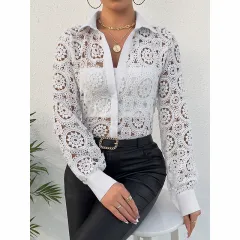 Women's Lace Floral Boho Blouse - Long Sleeve Button Down Shirt For Spring & Fall - White - View 1
