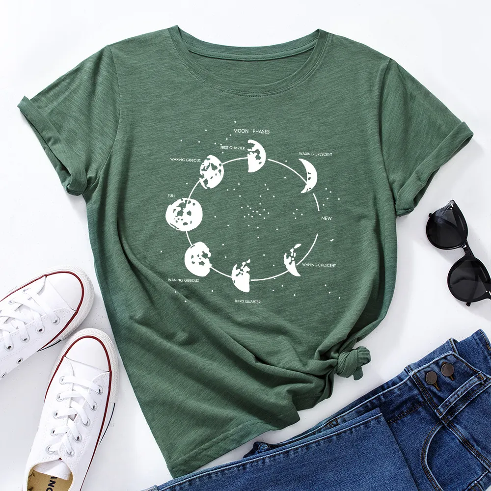 Cosmic Secret Print Loose Round Neck Short Sleeve T-Shirt Women - Green