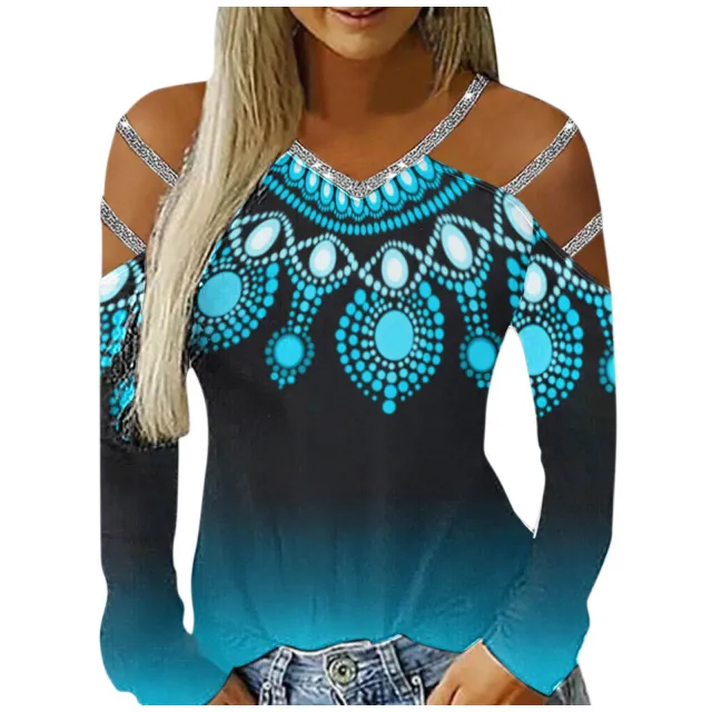 Ladies Casual V Neck Printed Cutout Off Shoulder Long Sleeve T Shirt Green - Shop at LoveMi
