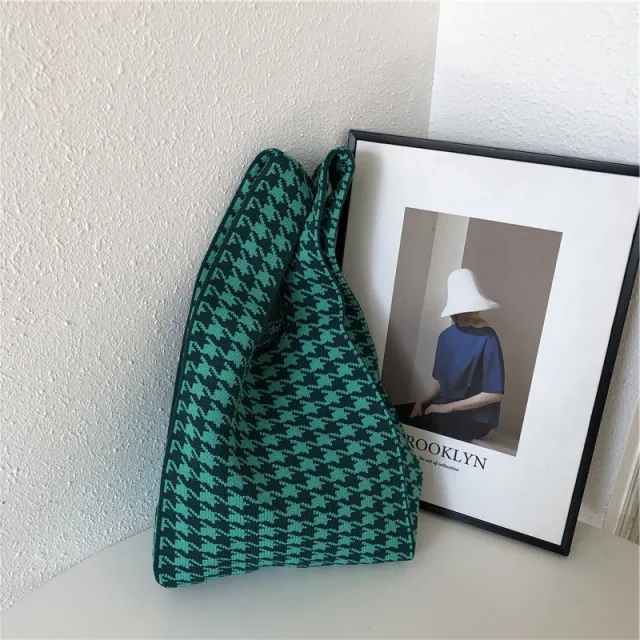 Checkerboard Wool Knit Woven One shoulder Armpit Bag J - Shop at LoveMi