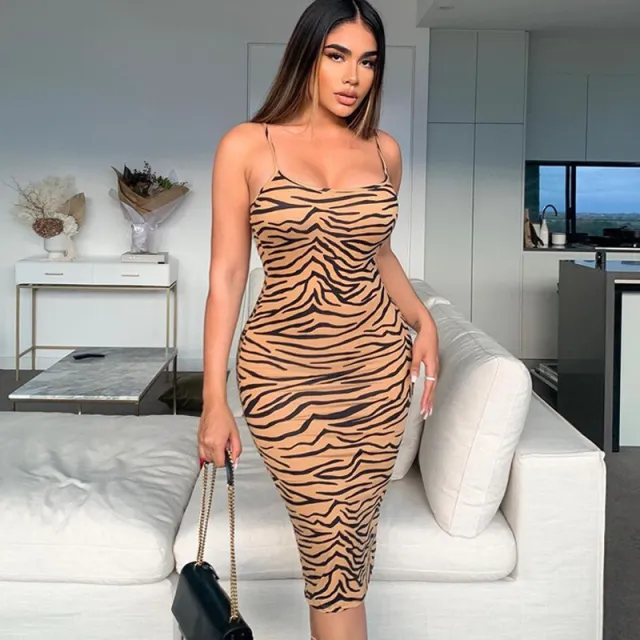 Printed Slim Slimming Split Sling Dress Brown - Shop at LoveMi
