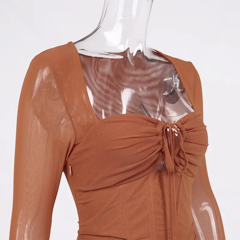 Mesh Pleated Hollow Cross Body Hip Slip Dress