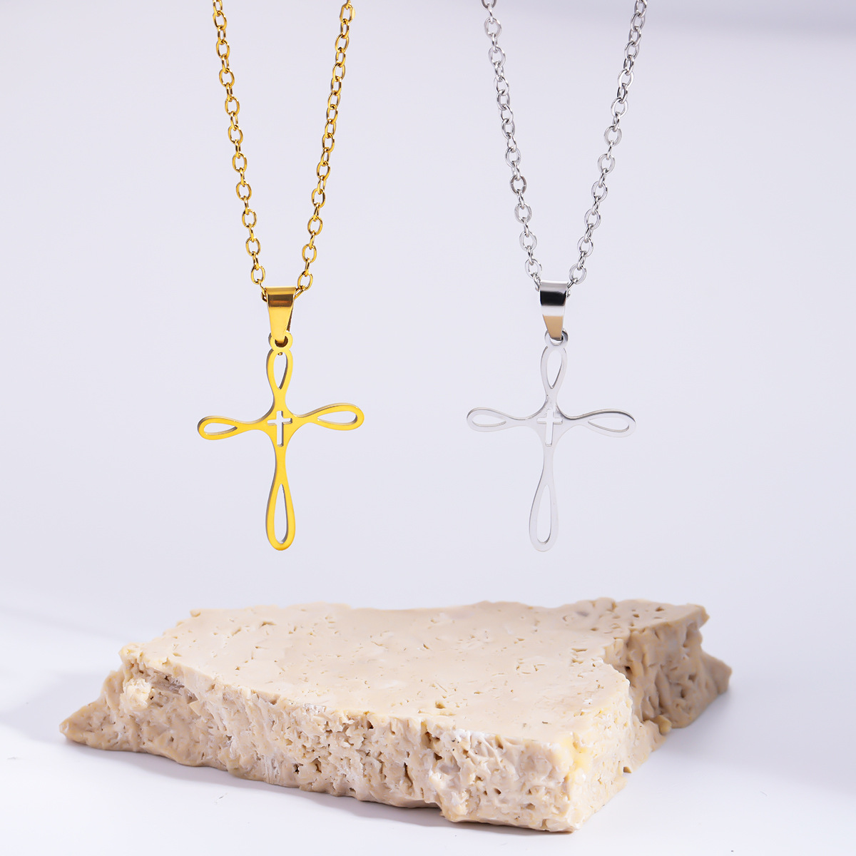 Stainless Steel Cross Necklace Choker & Earrings Set, Delicate Minimalist Stylish All-match Daily Jewelry