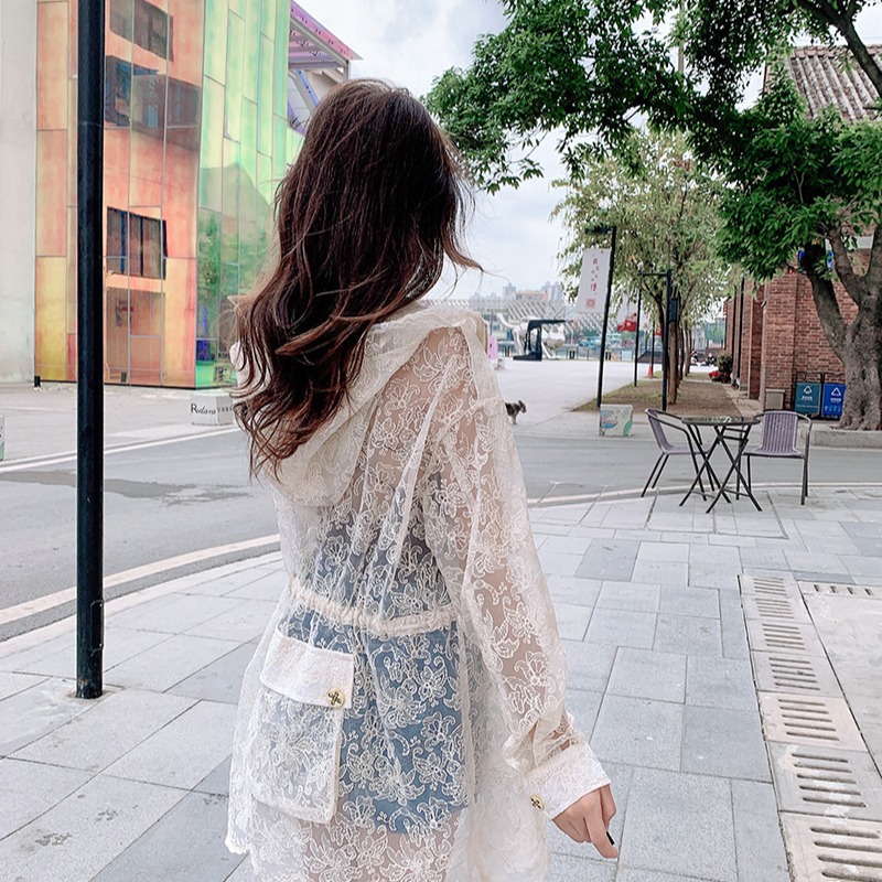 Sunscreen Long-sleeved Korean Version Of Lace Crocheted Waist And Thin Hooded Loose Jacket