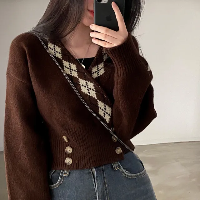 Loose Crossover V Neck Buttoned Waist Sweater Brown - Shop at LoveMi