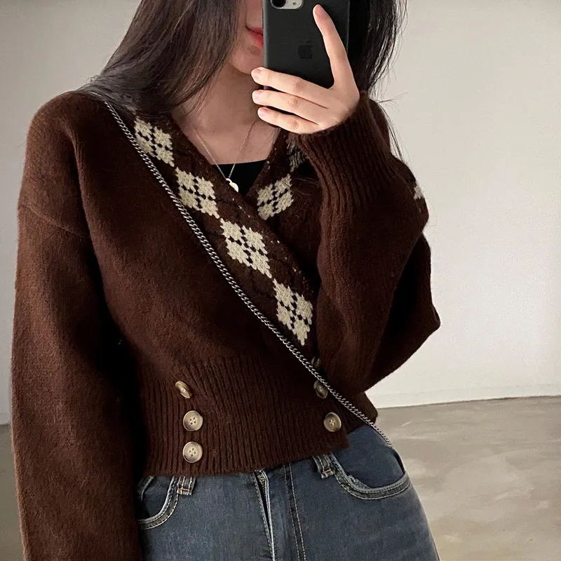 Loose Crossover V-Neck Buttoned Waist Sweater - Brown