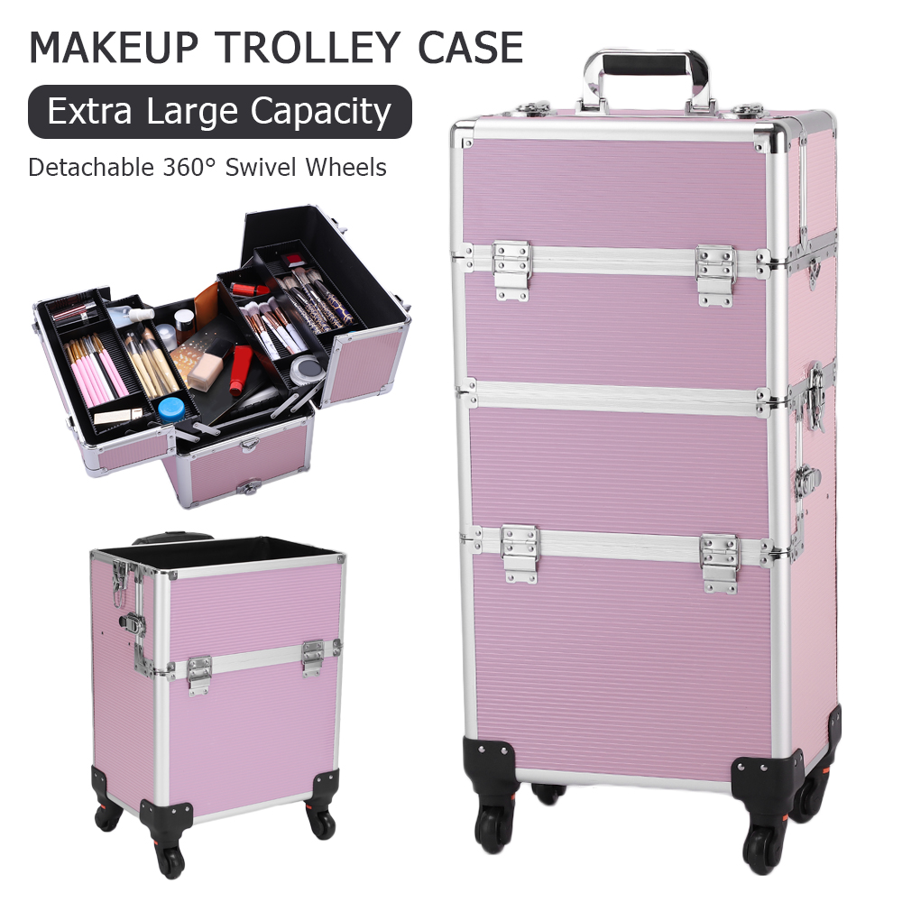 3 In 1 Aluminum Cosmetic Makeup Case Makeup Travel Organizer Cosmetology Case, Aluminum Cosmetic Display Suitcase On Wheels, Beauty Storage Luggage Lockable W-4 Removable Wheels 5