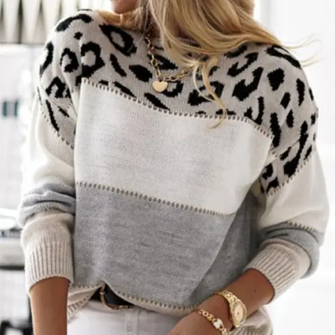 Women's Leopard Print Color-block Crew Neck Casual Sweater Long