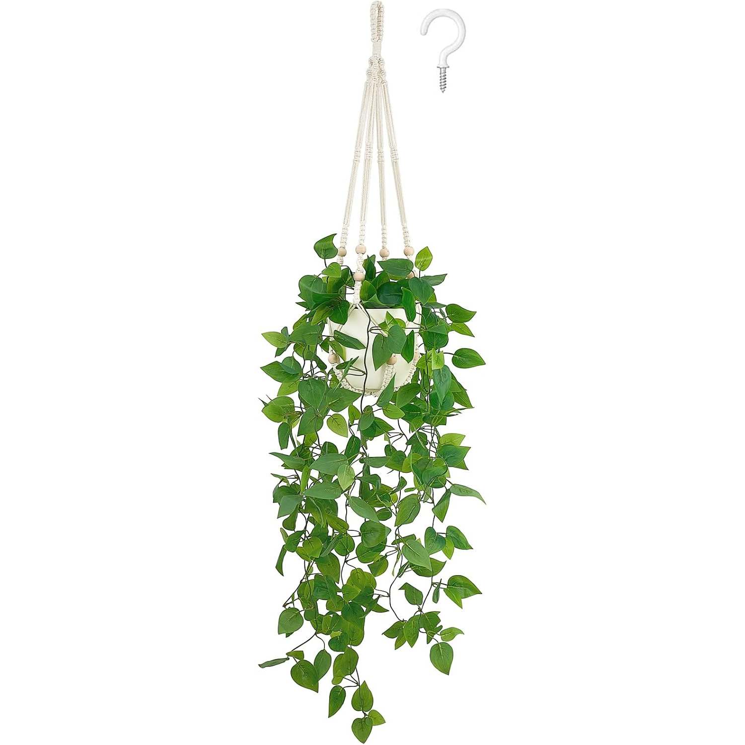 Fake Hanging Plant With Macrame Hanger Pothos Vines And Pot Ivory