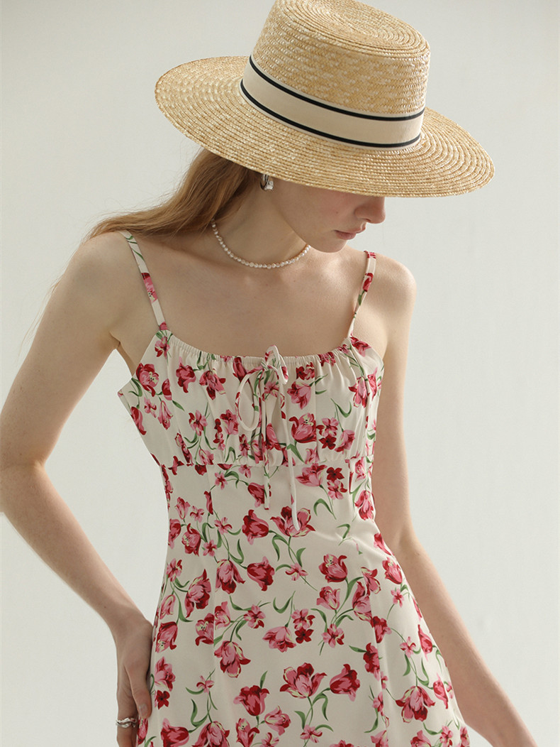 French Vintage Floral Strap Split Dress