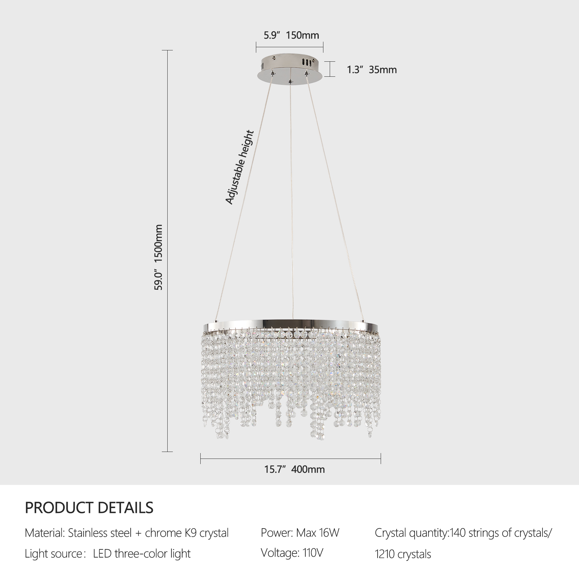 16-inch Luxury Crystal LED Chandelier - Adjustable Height And Color Temperature 3000K-6000K Modern Chandelier For Living Room, Dining Room And Bedroom_voghion.com