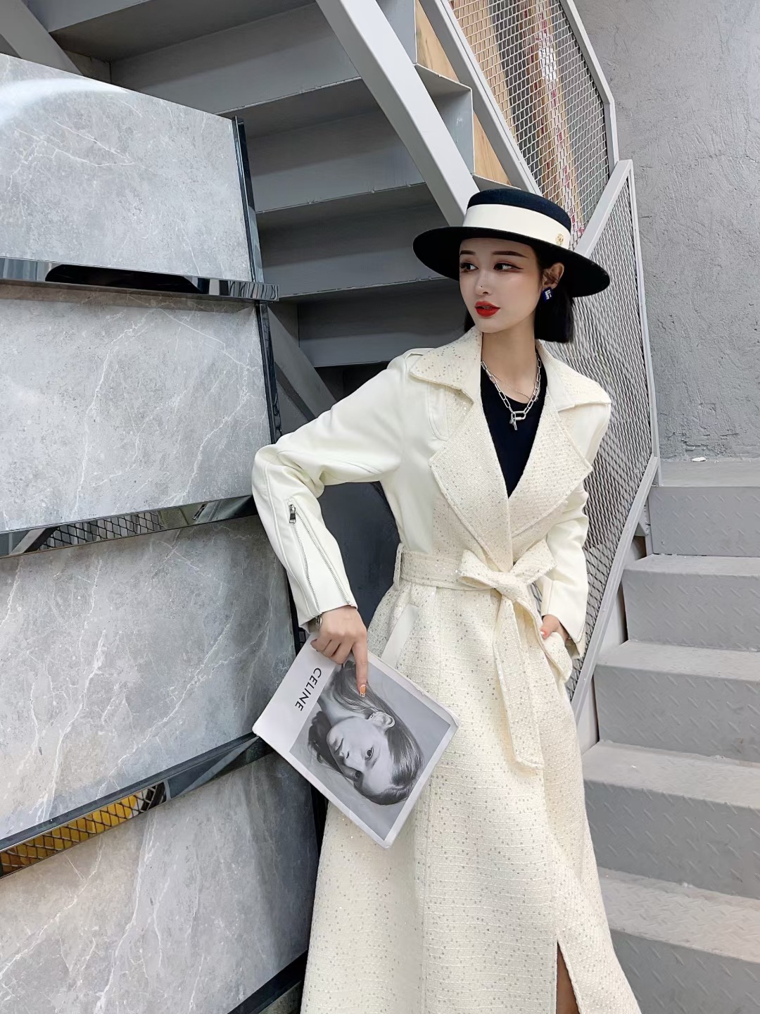 New Style Suit Collar Stitching PU Leather Mid-length Over-the-knee Thickened Thin Windbreaker Jacket