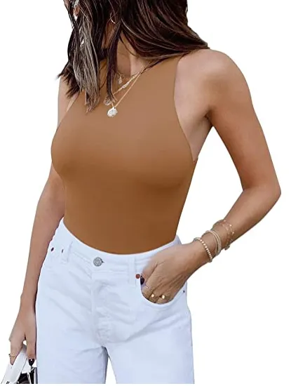 ReoRia Womens Sexy Sleeveless Racer Back Halter Neck Bodysuit Tank Tops Coffee - Shop at LoveMi