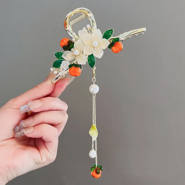 Fashionable Tassel Flower Grab Clip For Women Persimmon Ruyi Clasp - Shop at LoveMi