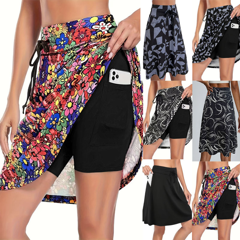 Women's Floral Print High Waist Skort With Pockets Tie Waist Ruffle Hem Athletic Skirt With Built-in Shorts