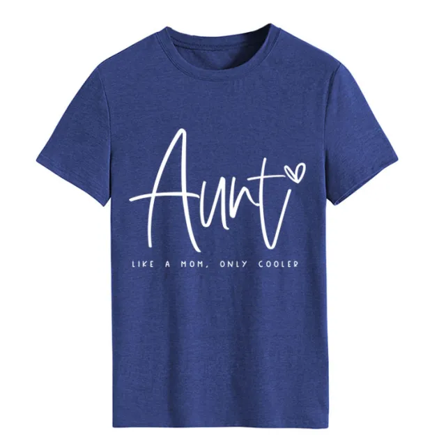 AUNT LIKE A MOM Fashion Round Neck Loose Short Sleeves Retro Blue White Font - Shop at LoveMi