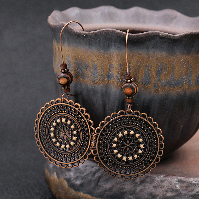 Retro Fashion Round Flower Rhinestone Wooden Beads Ethnic Earrings
