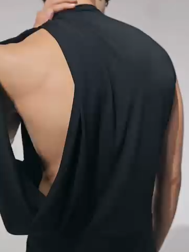 Men's Black Open-Back Mock Neck Top