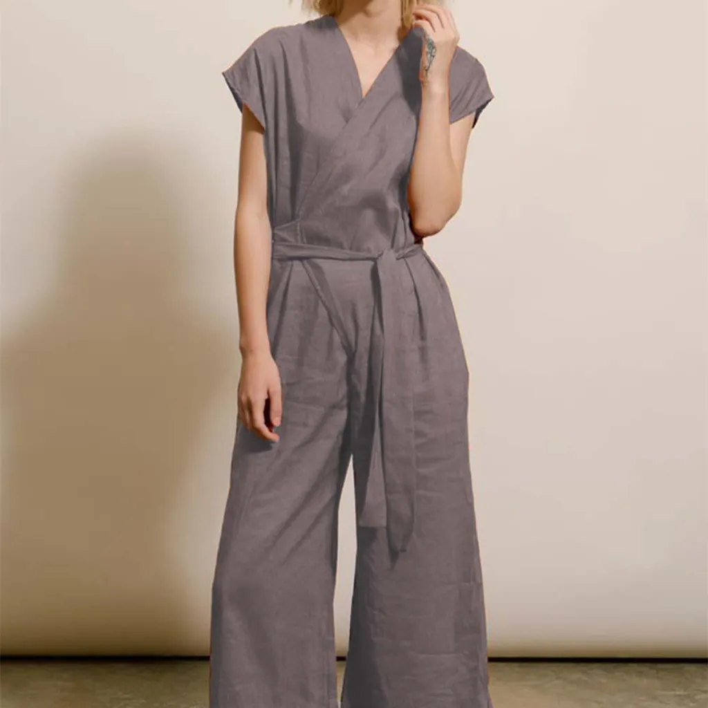 Solid Color Loose Linen Lace-Up Fashion Casual Pants - Grey