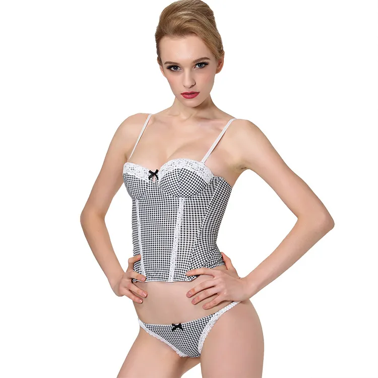 Fashion Plaid Comes With Cups, Free Bras, Corsets, Women's Court Abdomen Corsets, Slim Corsets - White