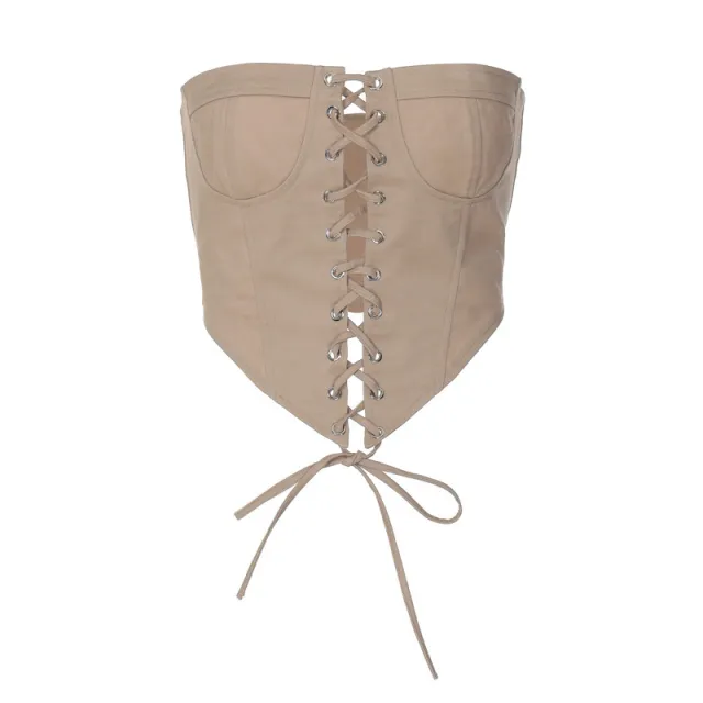 Women's One line Shoulder Slim fit Chest Strap Rope Lace up Top Khaki - Shop at LoveMi