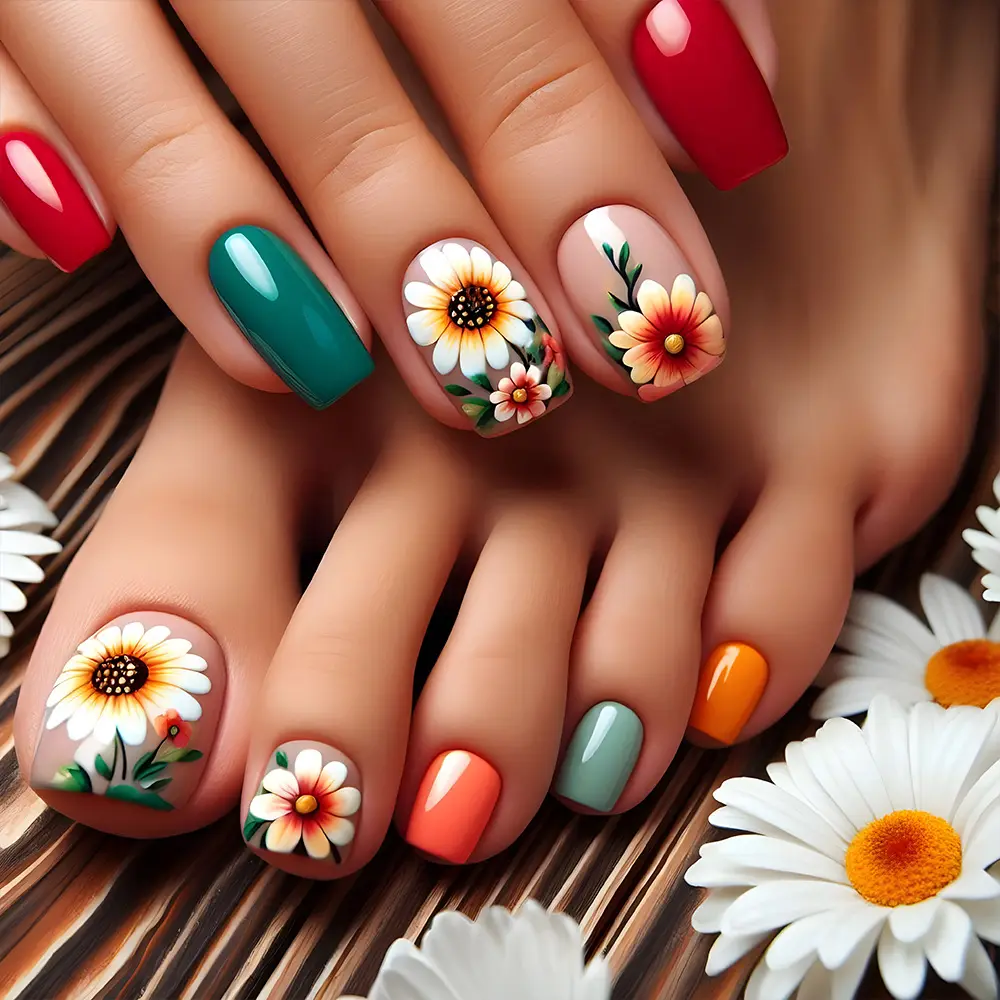 Of Short Square-shaped Fingernail Sunflower Flower Pressing-style