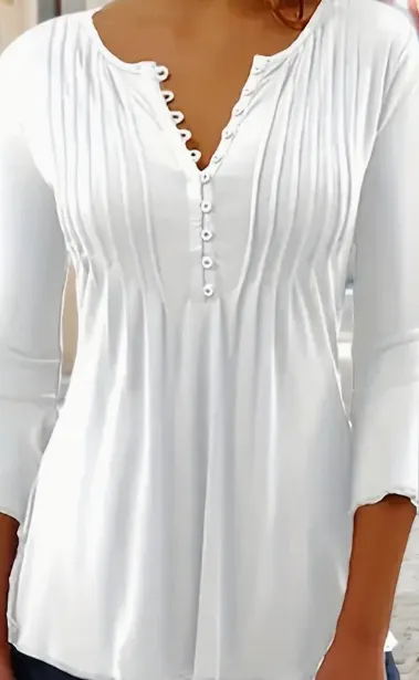 Button Front Ruched Blouse, Casual Solid Crew Neck Blouse, Women's Clothing White - Shop at LoveMi
