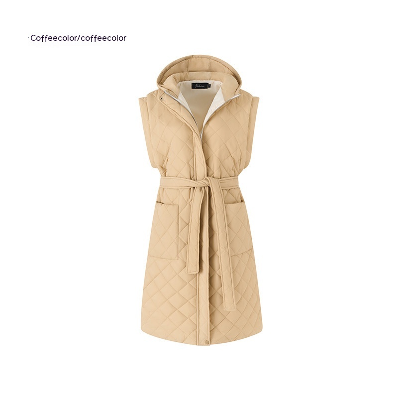 Thin Hood Cotton padded Women's Vest Slim fit Mid length Coffee - Shop at LoveMi