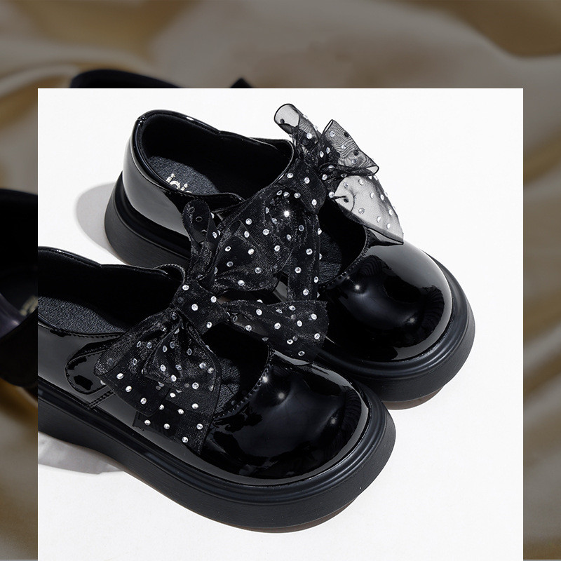 Girls New Soft Bottom Black Princess Style Small Leather Shoes
