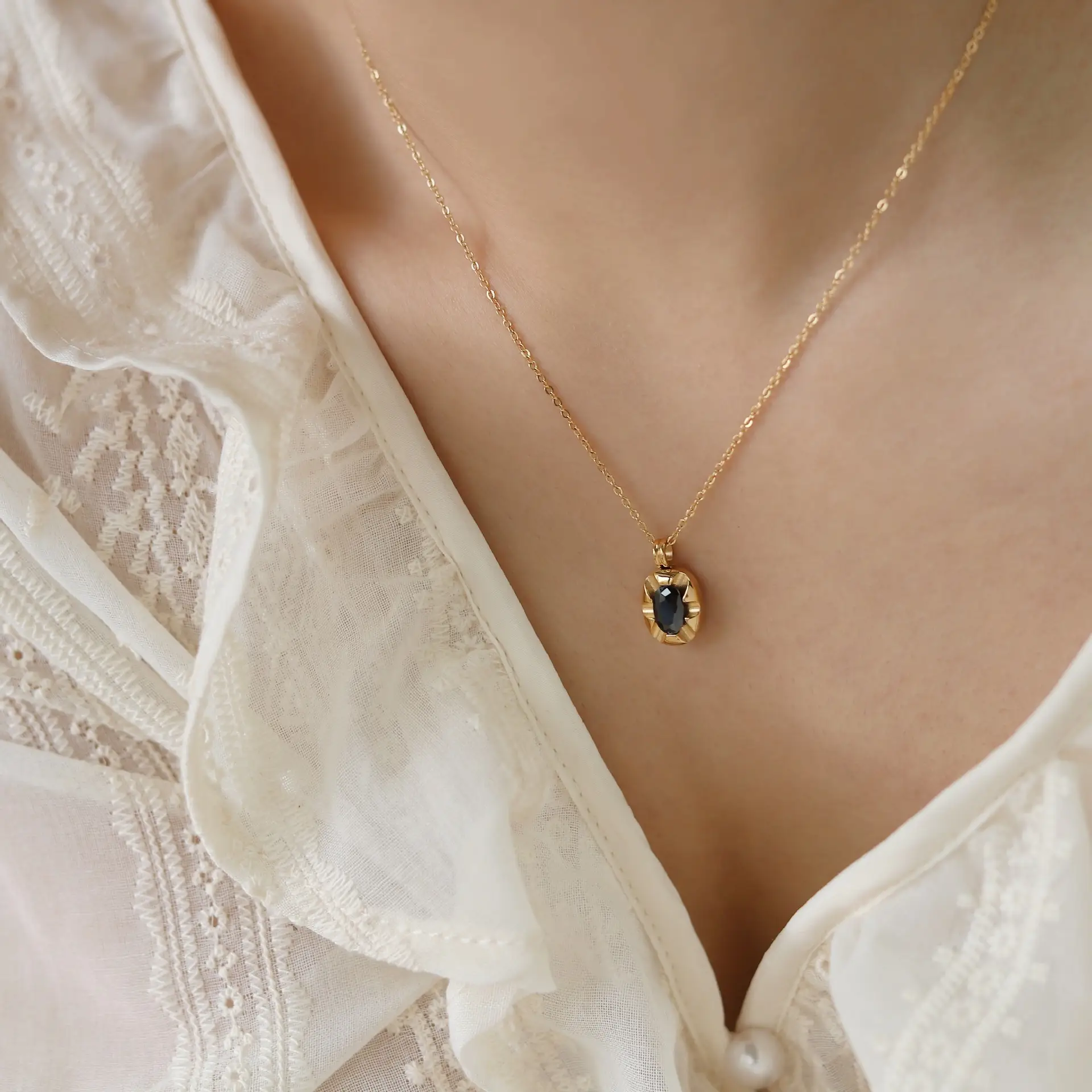 Black Diamond Vintage Oval Carved Pendant Necklace