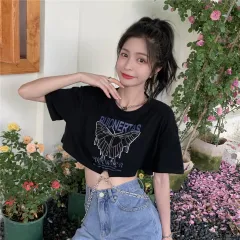 Short Sleeve T-Shirt Women's Chain Butterfly Print Loose Short Top - Black - View 1