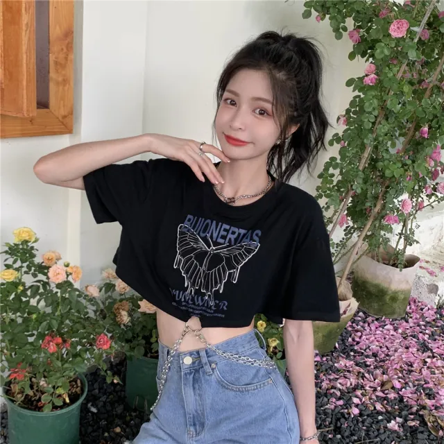 Short Sleeve T Shirt Women's Chain Butterfly Print Loose Short Top Black - Shop at LoveMi