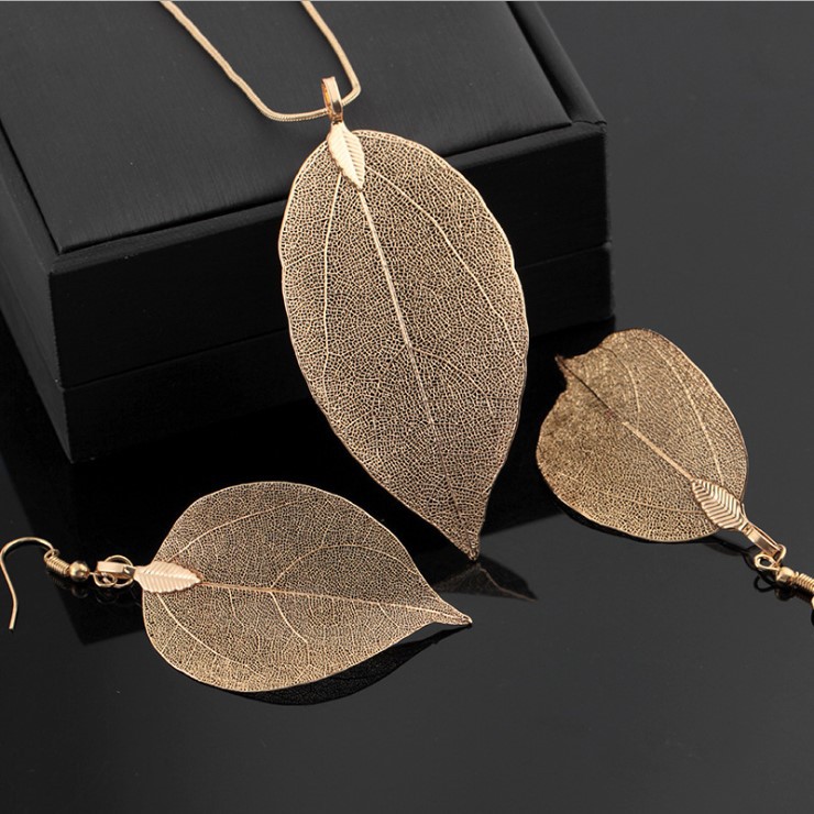 Earrings Necklace Set Leaf Specimen Pendant