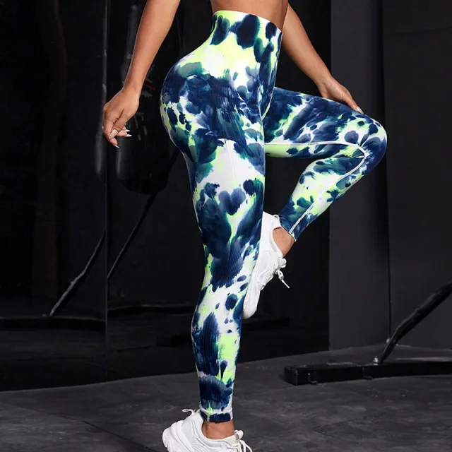 Ink Tie dye Printed Yoga Pants Seamless High Waist Tight Hip Lifting Leggings Sports Running Fitness Trousers For Women Blue Green - Shop at LoveMi