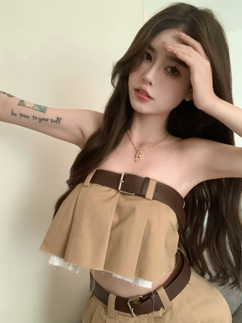 New Belt-embellished Frayed Tube Top Skirt