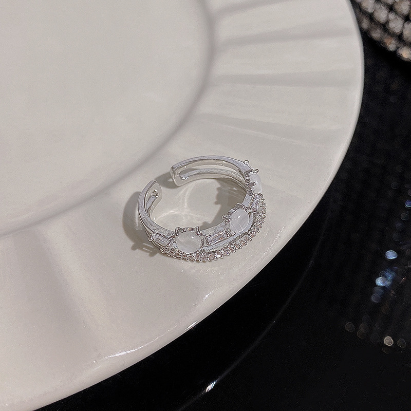 1PCS Ins Style Silver Zircon Ring For Women, Light Luxury Minimalist Design, Adjustable Open Band, Versatile Elegant Jewelry