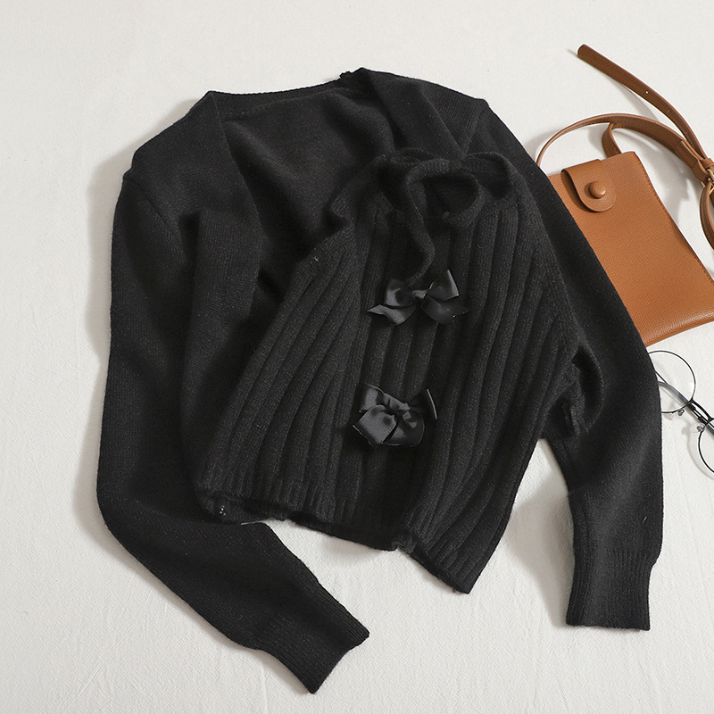 Neck Vest Women Long Sleeve Cardigan Short Style Jacket Two Pieces