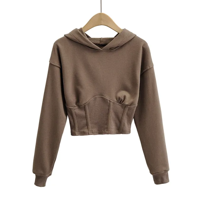 European And American Slim Fitting Navel Solid Hooded Sweater Khaki - Shop at LoveMi