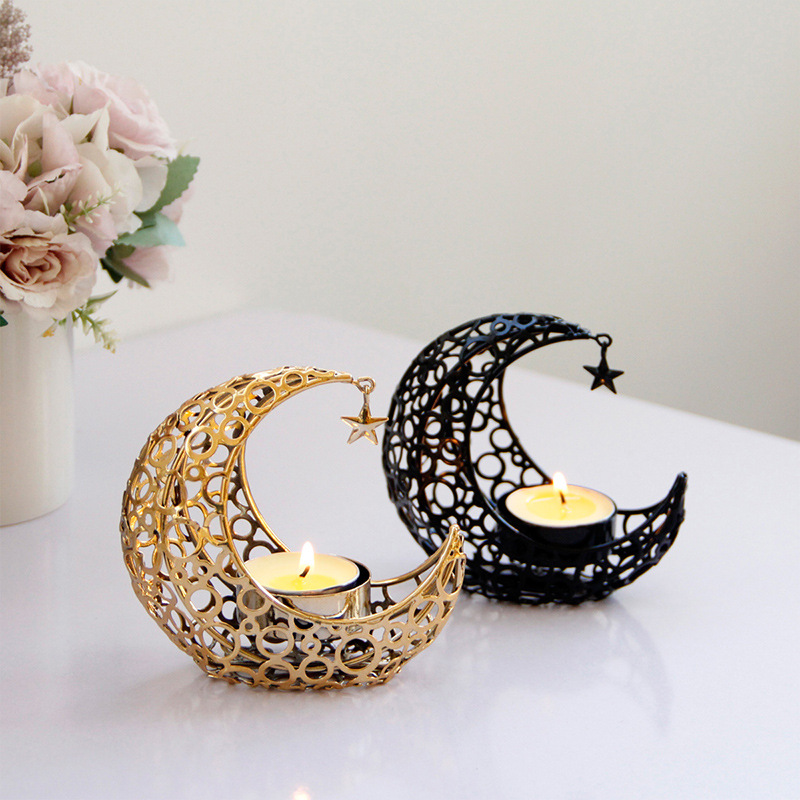 Crescent Moon & Star Candle Holder – Black & Gold Metal Home Décor - Image 1