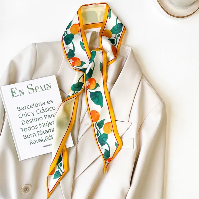 Fruit Pattern Thin Narrow Long Strip Of Silk Scarf Women Yellow - Shop at LoveMi