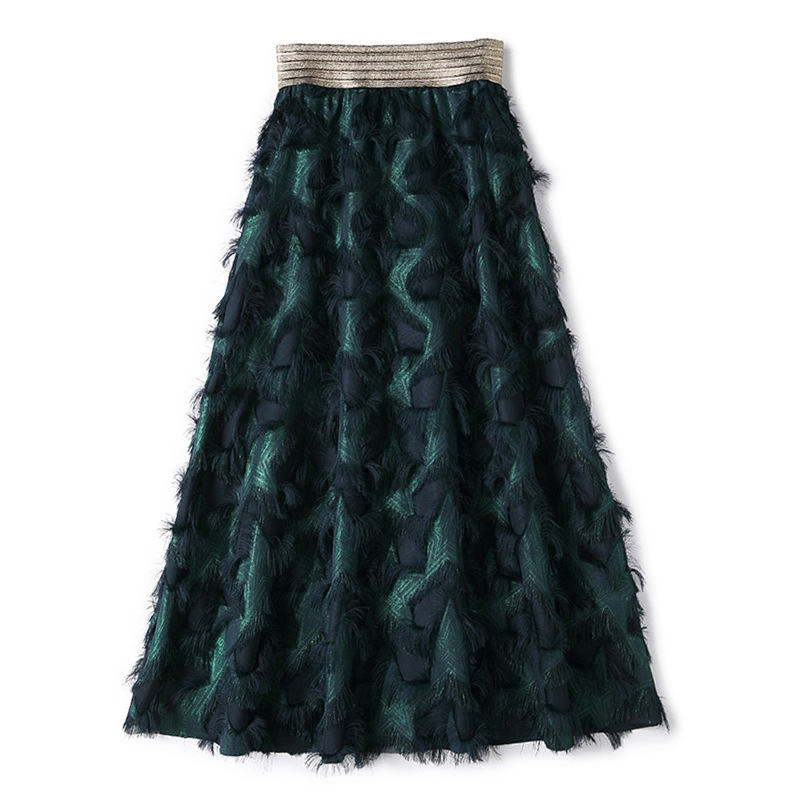 Title 4, Gold Thread Elastic Waist Long Feather Skirt Skirt