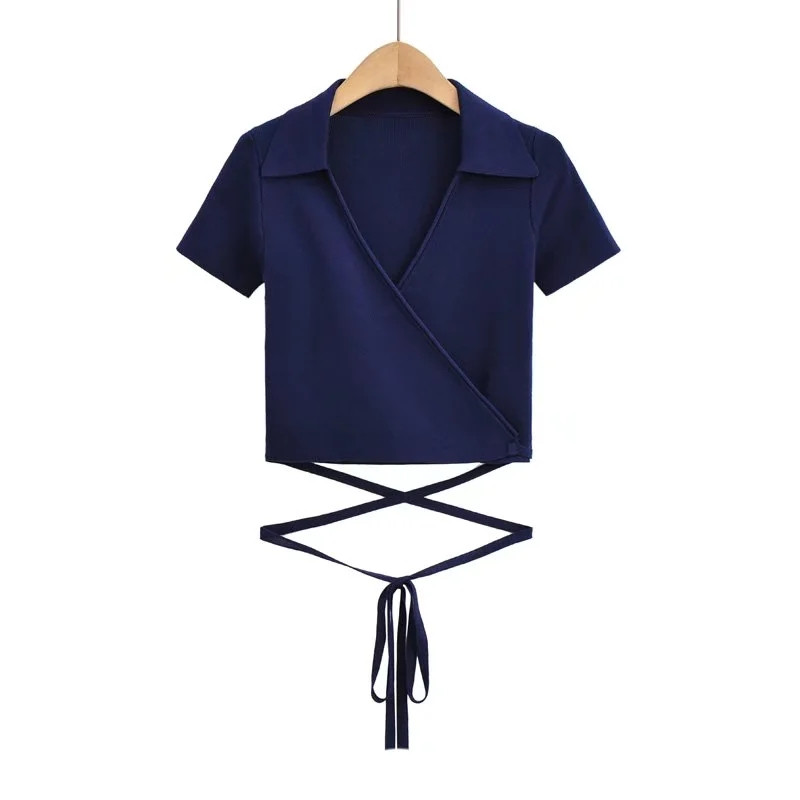 Europe And The United States Pure Desire Wind V neck Short sleeved T shirt Female Navy Blue - Shop at LoveMi