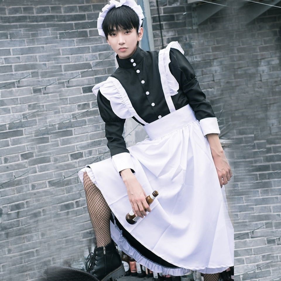 British Style Pearl Thread Long Cafe Maids Dress Cat Ear Uniform Mens Costume Maids Cover - Shop at LoveMi