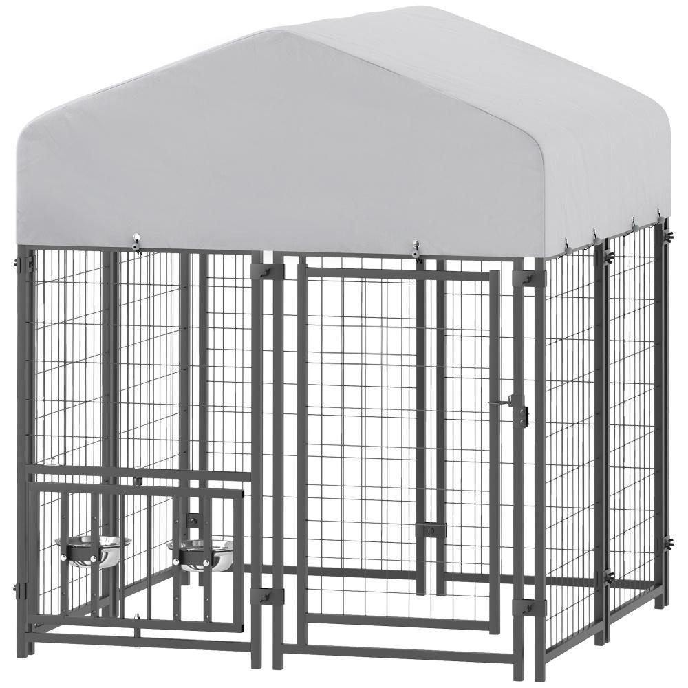 Welded Wire Outdoor Dog Kennel With 360 Rotating & 4 Levels Adjustable Bowls, Waterproof Cover, 3.9 X 3.9 X 4.5 Grey - Shop at LoveMi