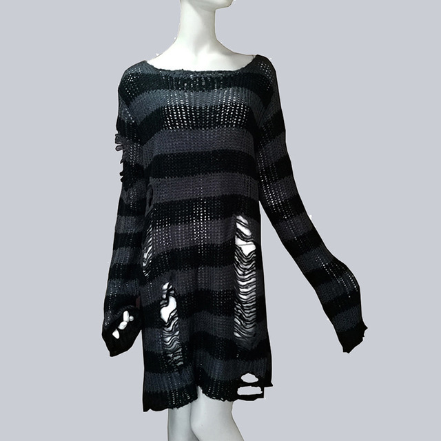 Title 3, Womens Striped Loose Knitwear With Ripped Mid-l...