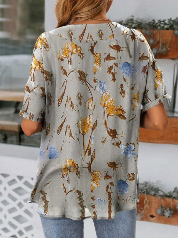 Title 3, V-Neck Casual Loose Floral Print Shirt